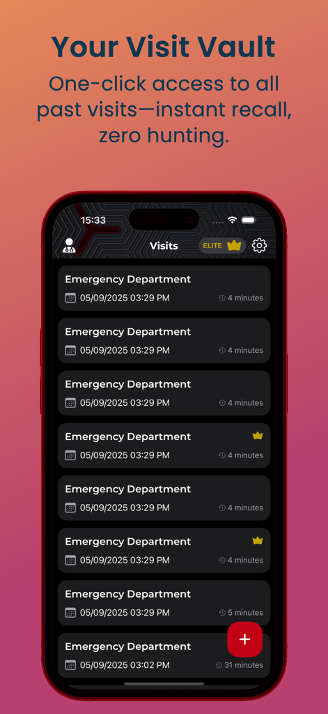 Document Medical - La aplicación Document Medical muestra la pantalla Visit Vault con una lista de visitas registradas de pacientes del departamento de emergencias