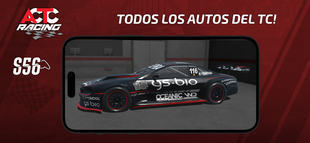 Un auto de carreras de Turismo Carretera negro en la pantalla de un smartphone en la aplicación simuladora ACTC Racing.