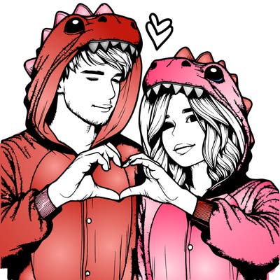 realistic couple wearing matching dinosaur onesies with heart hand gesture