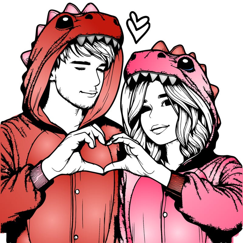 realistic couple wearing matching dinosaur onesies with heart hand gesture