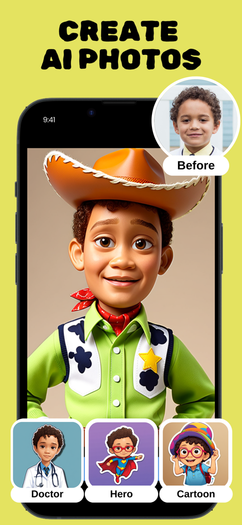 Wonderland: Cartoon Yourself - Interfaz de la aplicación móvil que muestra la foto de un niño convertida en un vaquero de dibujos animados 3D con filtros de IA