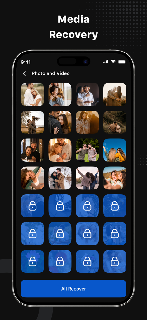 File Recovery - Photo Recovery - Interfaz de smartphone que muestra una cuadrícula de recuperación de medios con fotos y un botón de recuperación