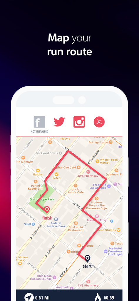 A smartphone display showing a mapped running route within the Half Marathon 13.1 Trainer app