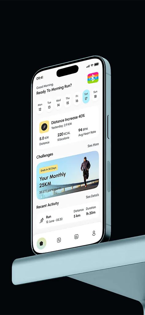 Panel de la aplicación SmartWatch y BT Sync en un iPhone que muestra estadísticas de actividad diaria, incluyendo distancia, calorías y frecuencia cardíaca.