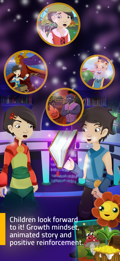 Zwei junge animierte Charaktere betrachten ein leuchtendes magisches Buch innerhalb der Benutzeroberfläche der Lern-App Meister Cody Talasia.