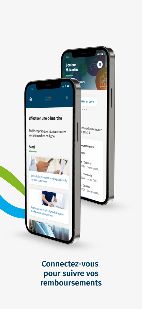 Mutuelle BNPP - Mutuelle BNPP mobile app showing health insurance reimbursement tracking and claim submission on two iPhones
