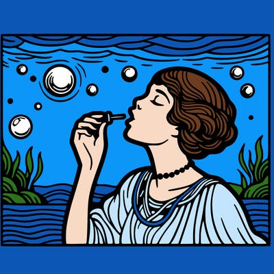 pop art style woman blowing a bubble underwater