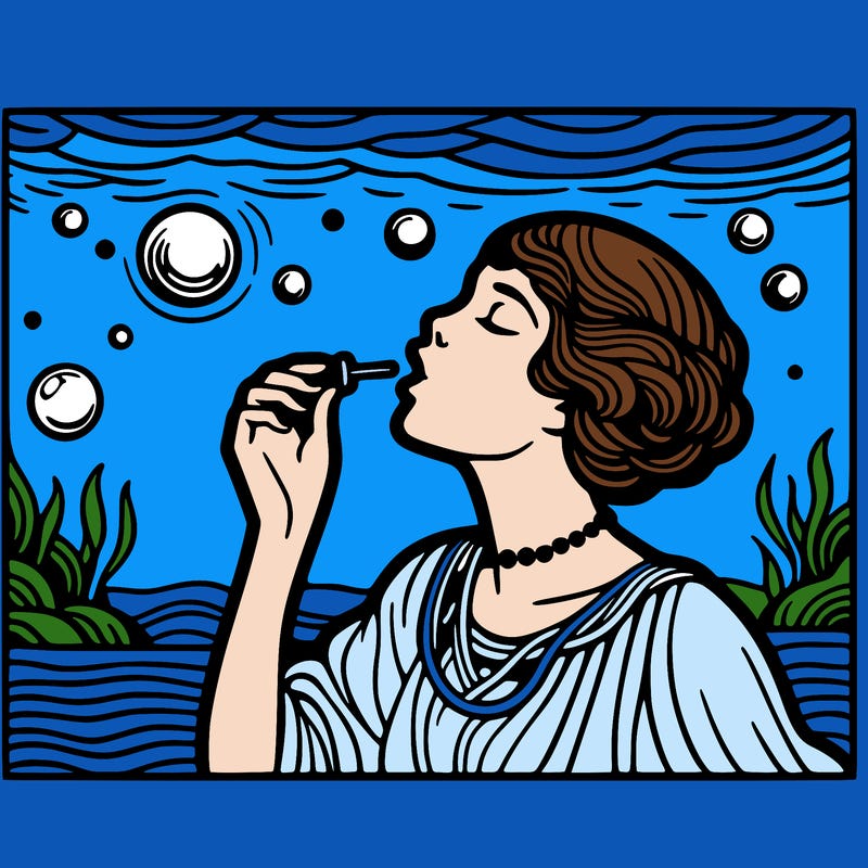 pop art style woman blowing a bubble underwater