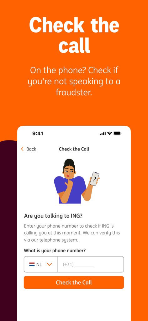 Pantalla de la aplicación ING Países Bajos para verificar si una llamada telefónica es legítimamente del banco para prevenir fraudes