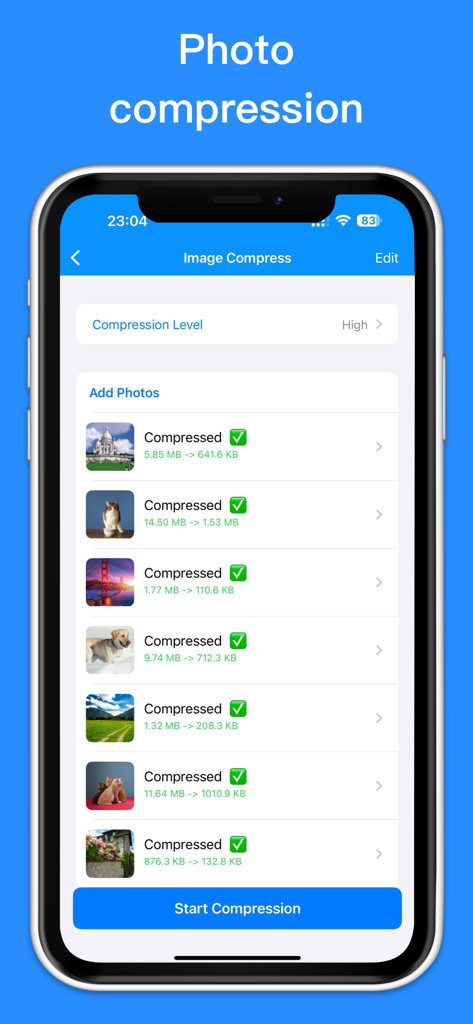 Cleaner - Clean Storage - Interfaz mostrando la función de compresión de fotos con una lista de imágenes comprimidas y sus tamaños de archivo reducidos