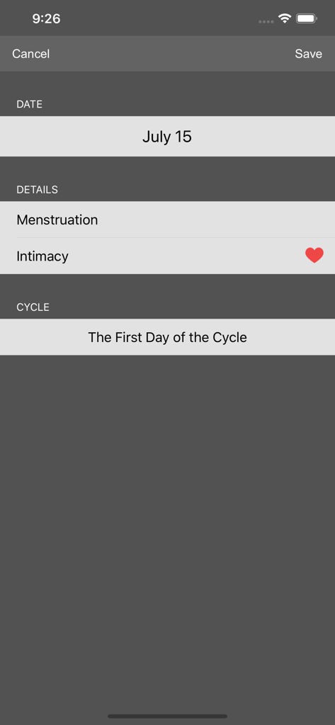 Menstrual Periods Tracker - Screen for logging menstruation and intimacy details on a specific date.