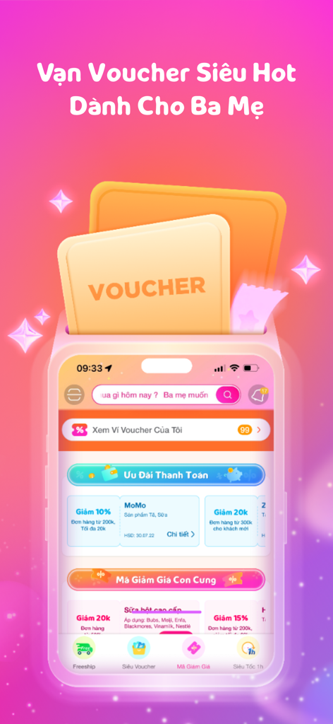 Con Cưng #1 Mẹ và Bé - Interface de l'application mobile Con Cung montrant des bons d'achat et des réductions