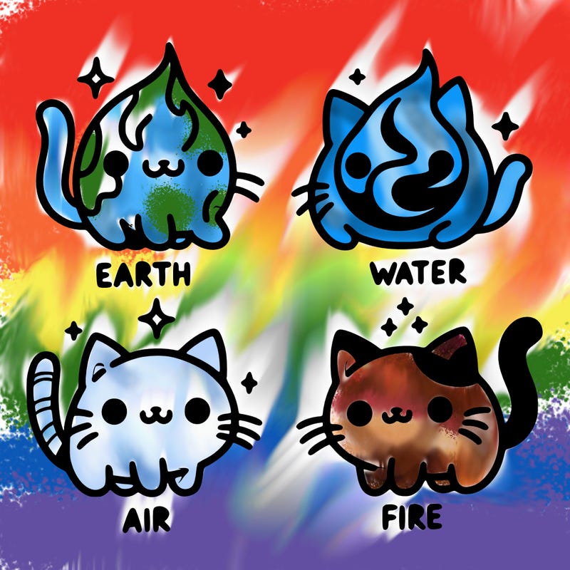 4 cats that represent the different elements, earth, water, air, and fire