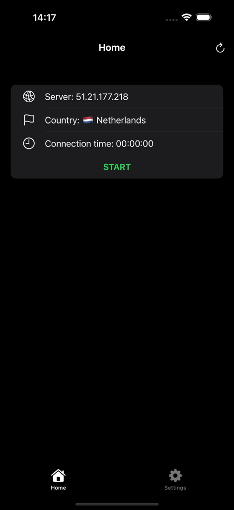 iProxy - Sys admin tools - A tela inicial do aplicativo iProxy exibindo o endereço IP do servidor e a localização do país para a Holanda com um botão Iniciar.