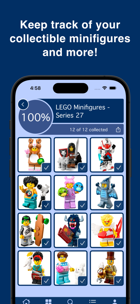 omgbricks for LEGO Sets - A smartphone display showing a completed collection of 12 LEGO Series 27 minifigures with checkmarks and a 100 percent progress indicator