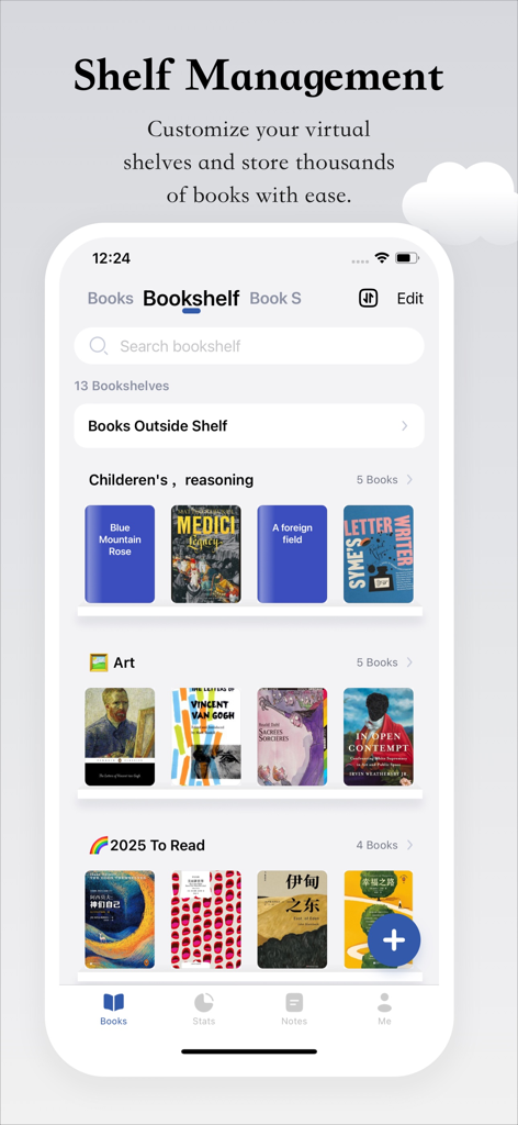 Reading Tracker - TBR Book - Interfaz de la aplicación Reading Tracker mostrando estanterías virtuales organizadas con categorías personalizadas como Arte y 'Para Leer en 2025'.