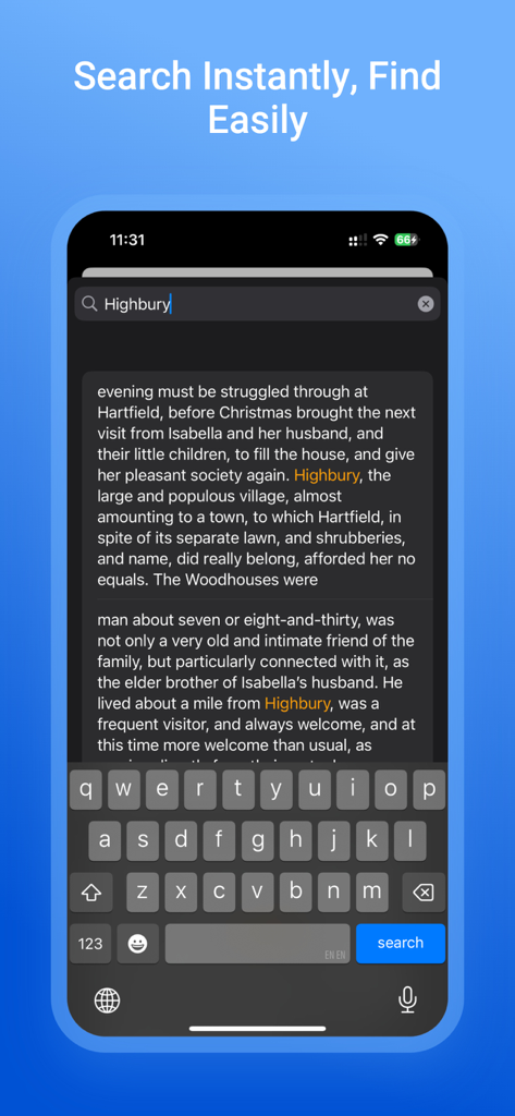 Novels Stories & Books Reader - In-app search feature in the Novels Stories and Books Reader app highlighting search results within a classic novel text.
