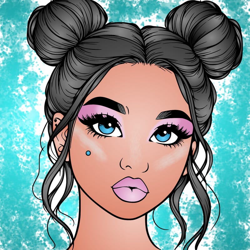 realistic girl with two buns on her hair and lips