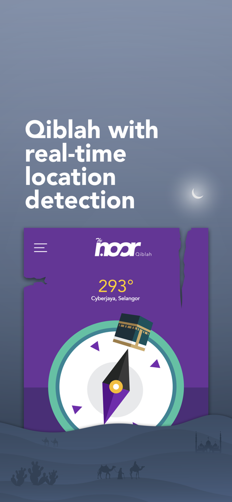 TheNoor - Azan, Quran, Qiblah - TheNoor app interface featuring real-time Qiblah location detection with a digital compass