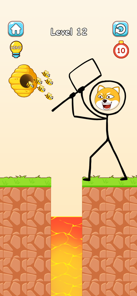 Dog Draw : Save the Dog 2025 - A mobile puzzle game screenshot where a player draws a protective line to save a dog-headed character from bees over a lava pit.