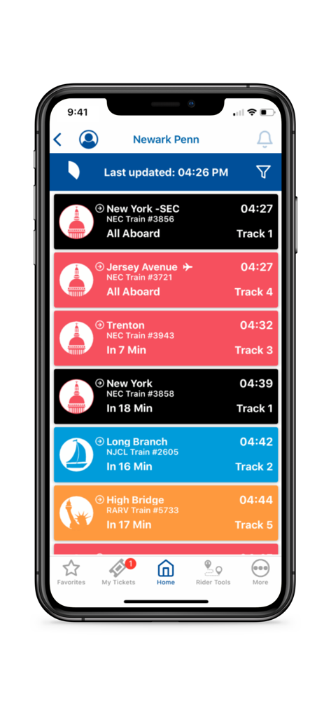 NJ TRANSIT Mobile App - Real time train departure board showing destinations and track numbers on the NJ TRANSIT app
