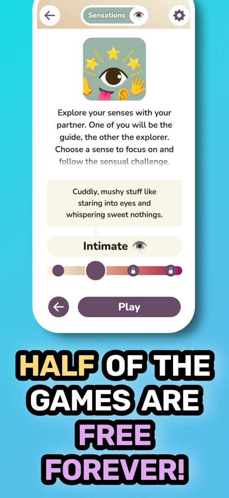 9 Games for Couples or Dates - Interfaz del juego Sensaciones de la app Pulse para parejas con un banner que indica que la mitad de los juegos son gratis para siempre.