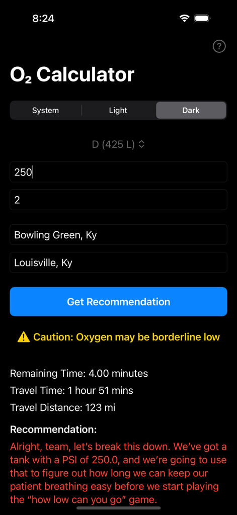 O2 Calculator Companion - Mobile app screen showing oxygen tank duration calculation with a low supply caution alert in dark mode.