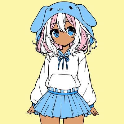 pretty anime girl wearing a fluffy hoodie with bunny ears on the hood and a skirt