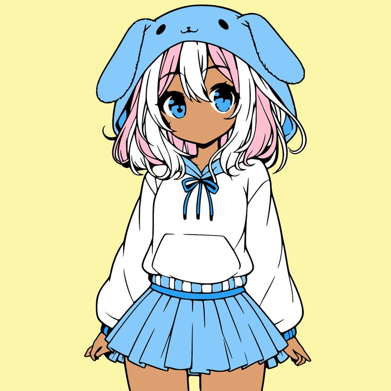 pretty anime girl wearing a fluffy hoodie with bunny ears on the hood and a skirt
