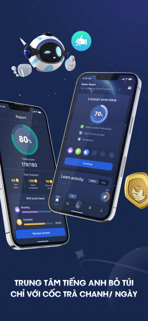 Fsel - Learning English - Deux smartphones affichant l'interface de l'application d'apprentissage de l'anglais Fsel avec des rapports de progression et des aperçus de cours