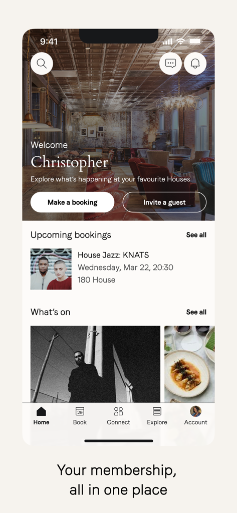 회원 예약 및 다가오는 창의적 이벤트를 보여주는 소호 하우스 앱 홈 화면