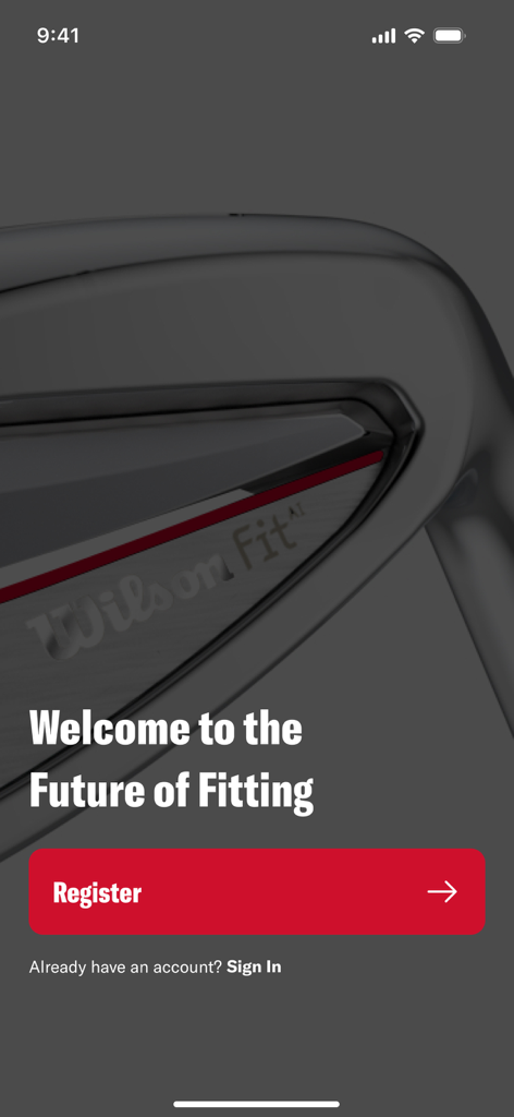 Welcome screen of the Wilson Fit AI Golf app featuring a register button and a close up of a Wilson golf club.