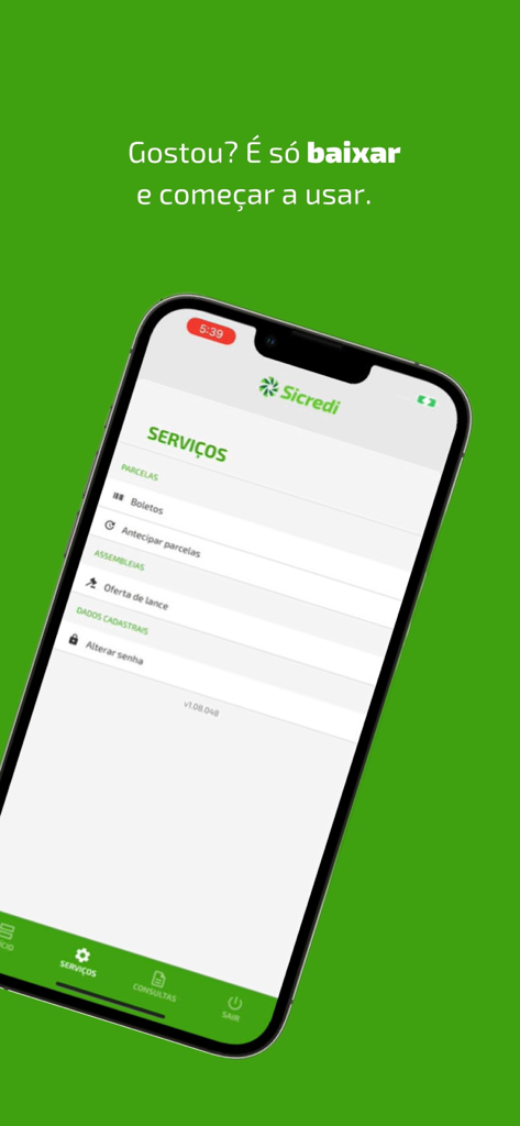 Consórcio do Sicredi - Smartphone displaying the services menu of the Consorcio do Sicredi app with options for payments and bids.