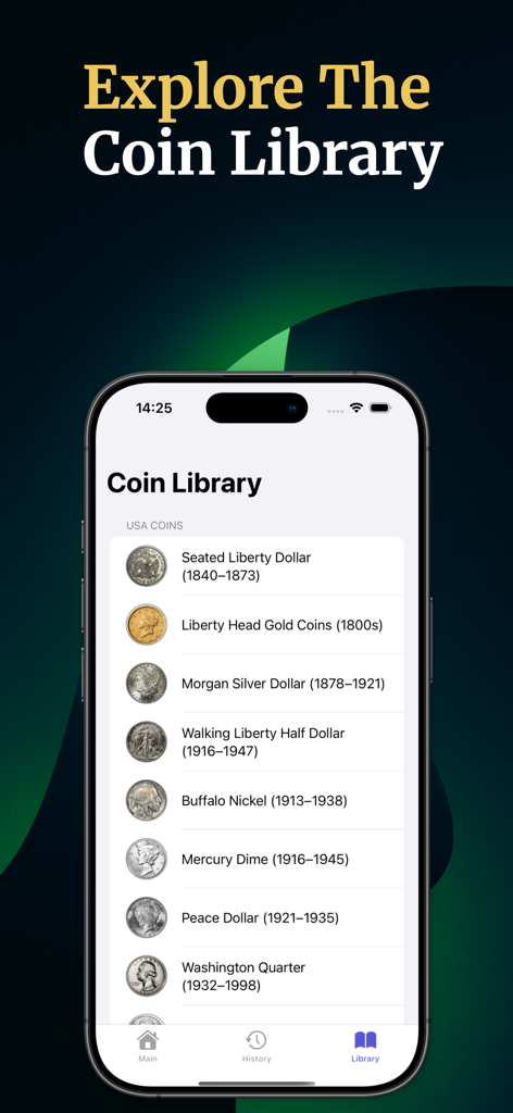 Coin Scanner - Coinx - Captura de pantalla de la función Biblioteca de Monedas en la aplicación Coinx que muestra una lista de monedas históricas de EE. UU., incluidos dólares de plata Morgan y níqueles Buffalo