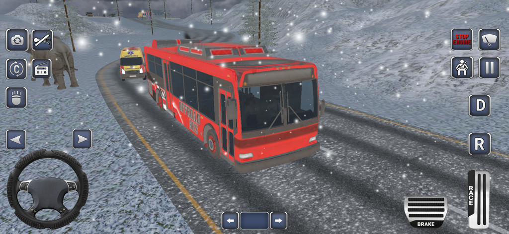 Bus Driving Games City Coach - Autobús urbano rojo conduciendo por un paisaje montañoso nevado en un juego de simulación de autobús
