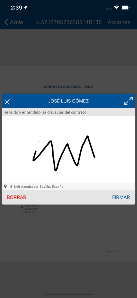 Mobile app interface showing a digital signature pad for a commercial contract with geolocation data.