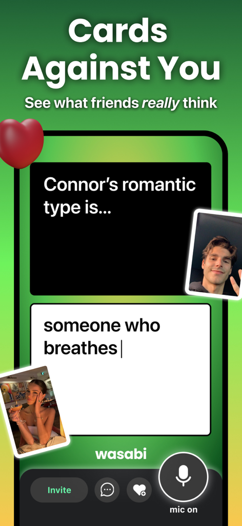 Wasabi - Viral Party Games - Wasabi app screenshot showing the Cards Against You game mode where friends answer humorous questions about each other
