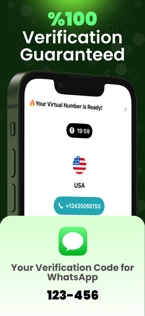 Interface do aplicativo mostrando um número de telefone virtual dos EUA e um código de verificação do WhatsApp com garantia de 100%.