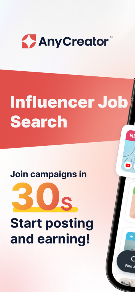 Interfaccia dell'app AnyCreator per la ricerca di lavoro da influencer e la partecipazione a campagne di brand.