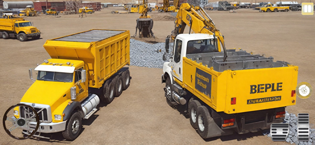 Construction city Excavator 3d - Yellow dump trucks and an excavator working on a 3D construction site