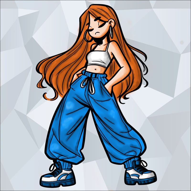 girl in baggy pants crop top and long hair