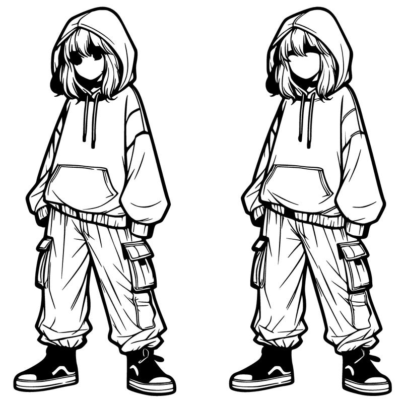 realistic girl wearing oversized hoodie and cargo pants