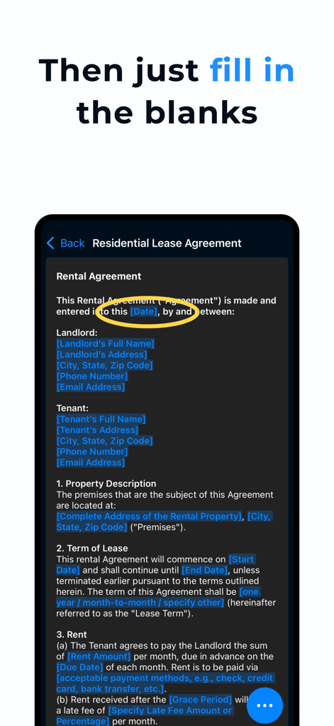 Contract Maker: Legal Draft - 記入するフィールドがハイライトされた住宅賃貸契約書のテンプレートが表示されているスマートフォンのインターフェース。