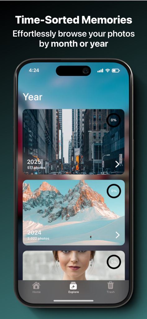 Free Up Storage: SwAipe - Mobile app screen showing photo albums organized by year for easy browsing