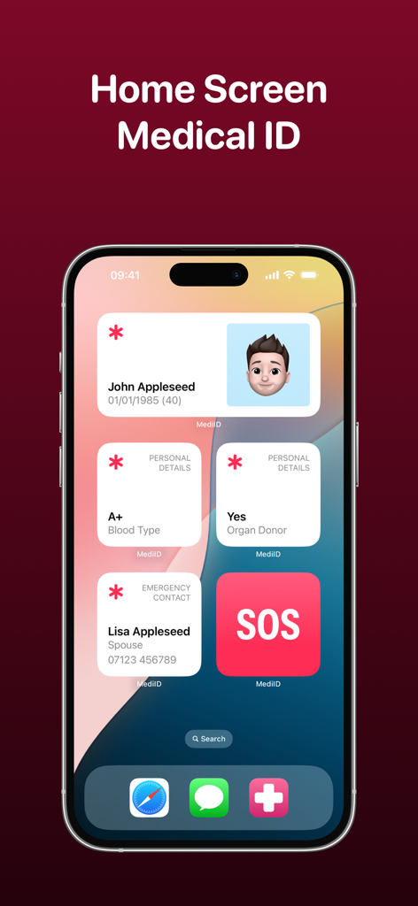 iPhone home screen displaying MediID widgets with personal medical details and an emergency SOS button