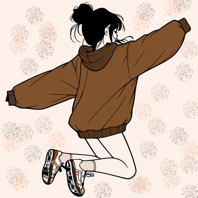 realistic girl jumping with a bun and oversized sweatshirt