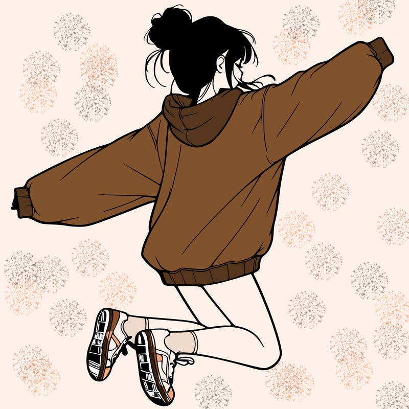 realistic girl jumping with a bun and oversized sweatshirt