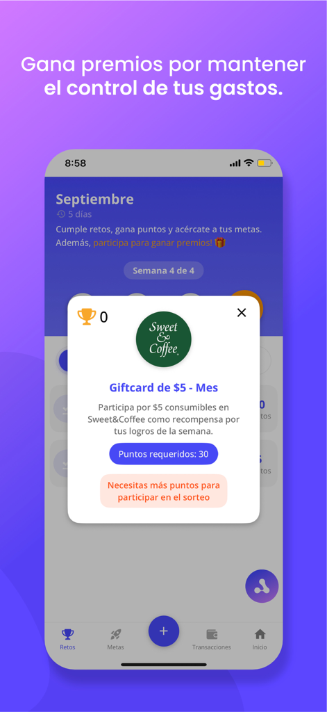 Alba AI - Pantalla de la aplicación Alba AI que muestra una ventana emergente de recompensas por una tarjeta de regalo de Sweet and Coffee para fomentar el seguimiento financiero.
