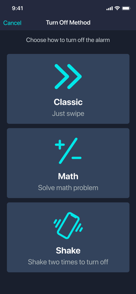 A selection screen for choosing an alarm dismissal method including classic swipe, math problems, or shaking the phone.