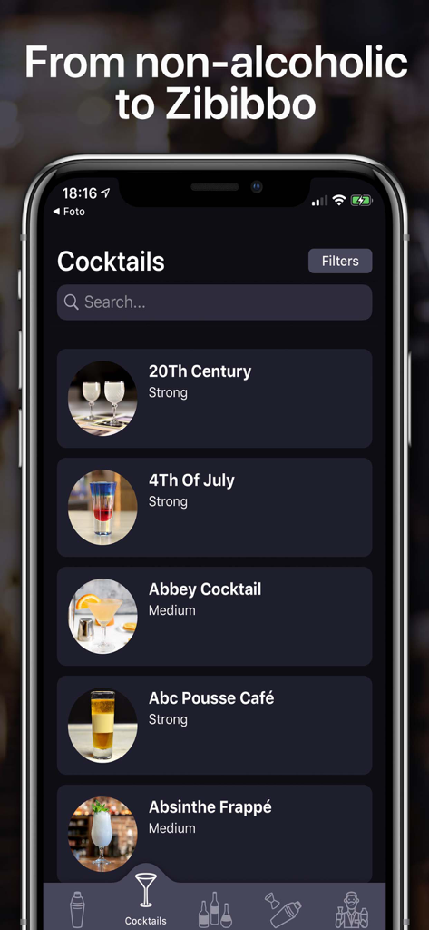 A list of various drink recipes shown on the Cocktails For Real Bartender mobile app interface